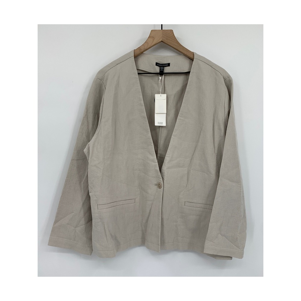 Eileen Fisher Blazer Women 1X Beige Organic Cotton Ribbed Cardigan Jacket NEW